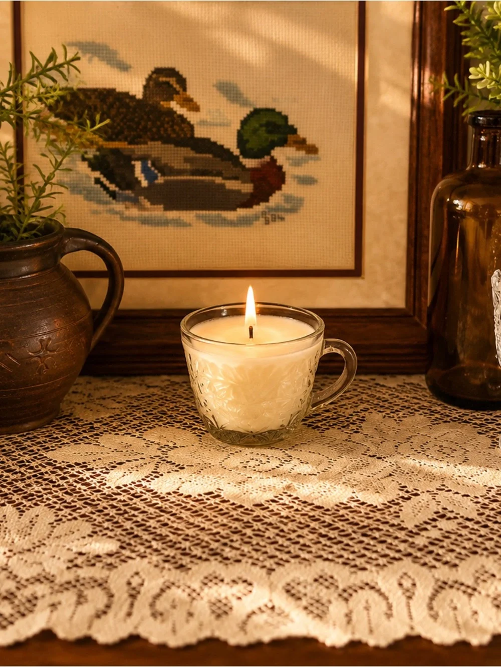 🍎🍂 Vintage Glass Teacup Candle Trio: Caramel Apple Autumn Spice